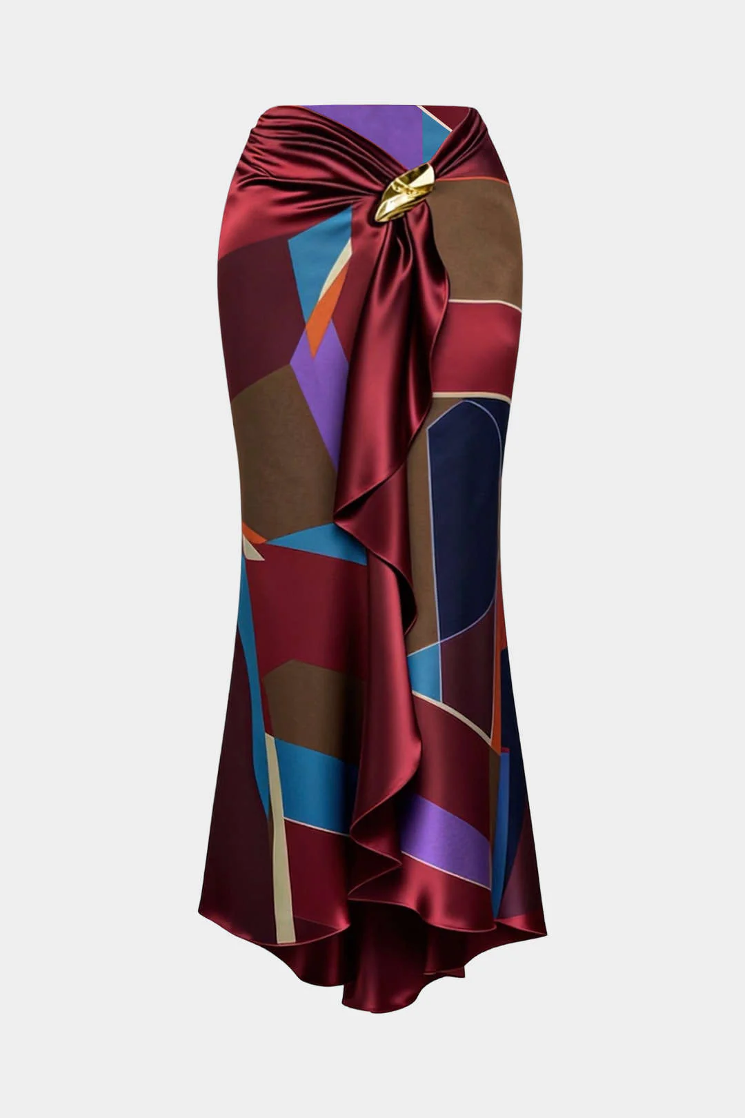Satin Plaid Contrast Print Metallic Decor Ruched Skirt - Flockneti