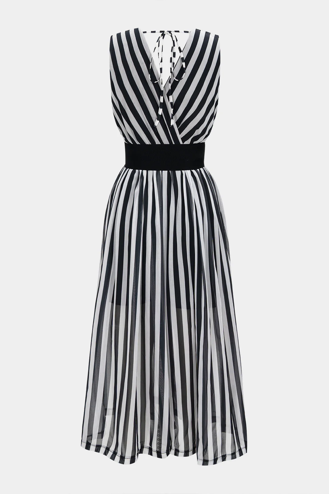 Stripes Print Chiffon Belted Tie Back Sleeveless Jumpsuit - Flockneti