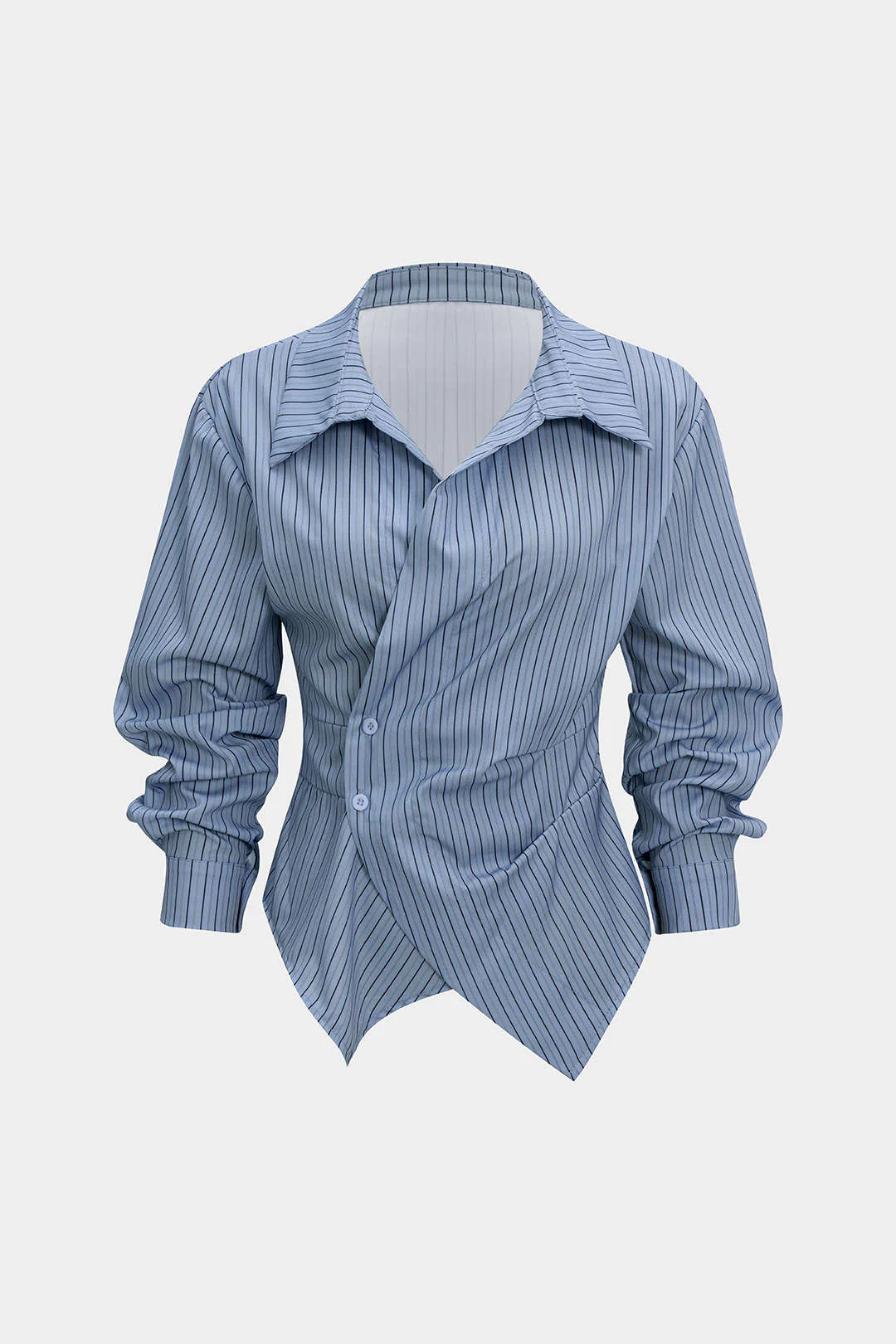 Stripes Print V-Neck Ruched Long-Sleeve Shirt - Flockneti