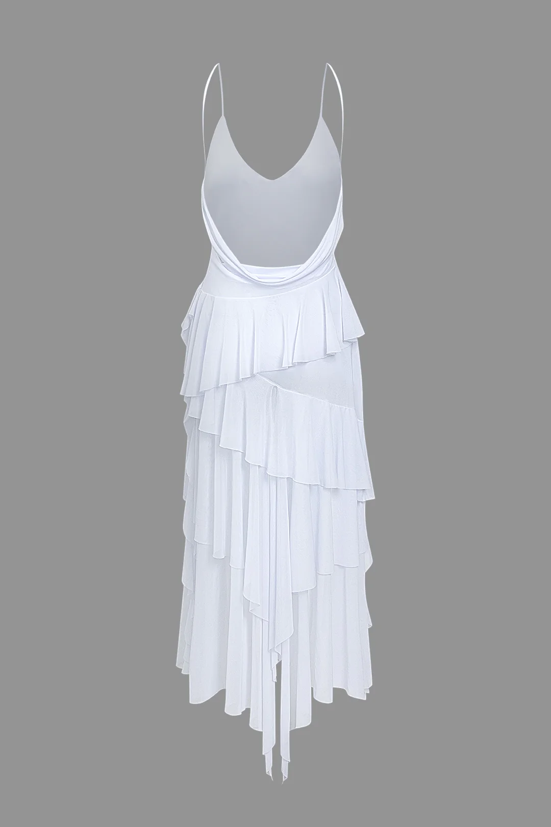Mesh Backless Asymmetrical Ruffle Sleeveless Maxi Dress - Flockneti