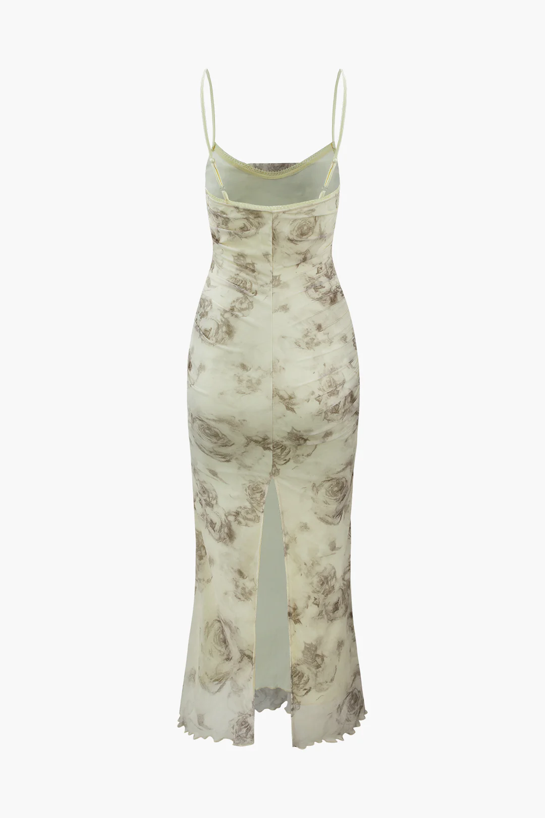 Floral Print Mesh Backless Ruched Slit Midi Dress - Flockneti