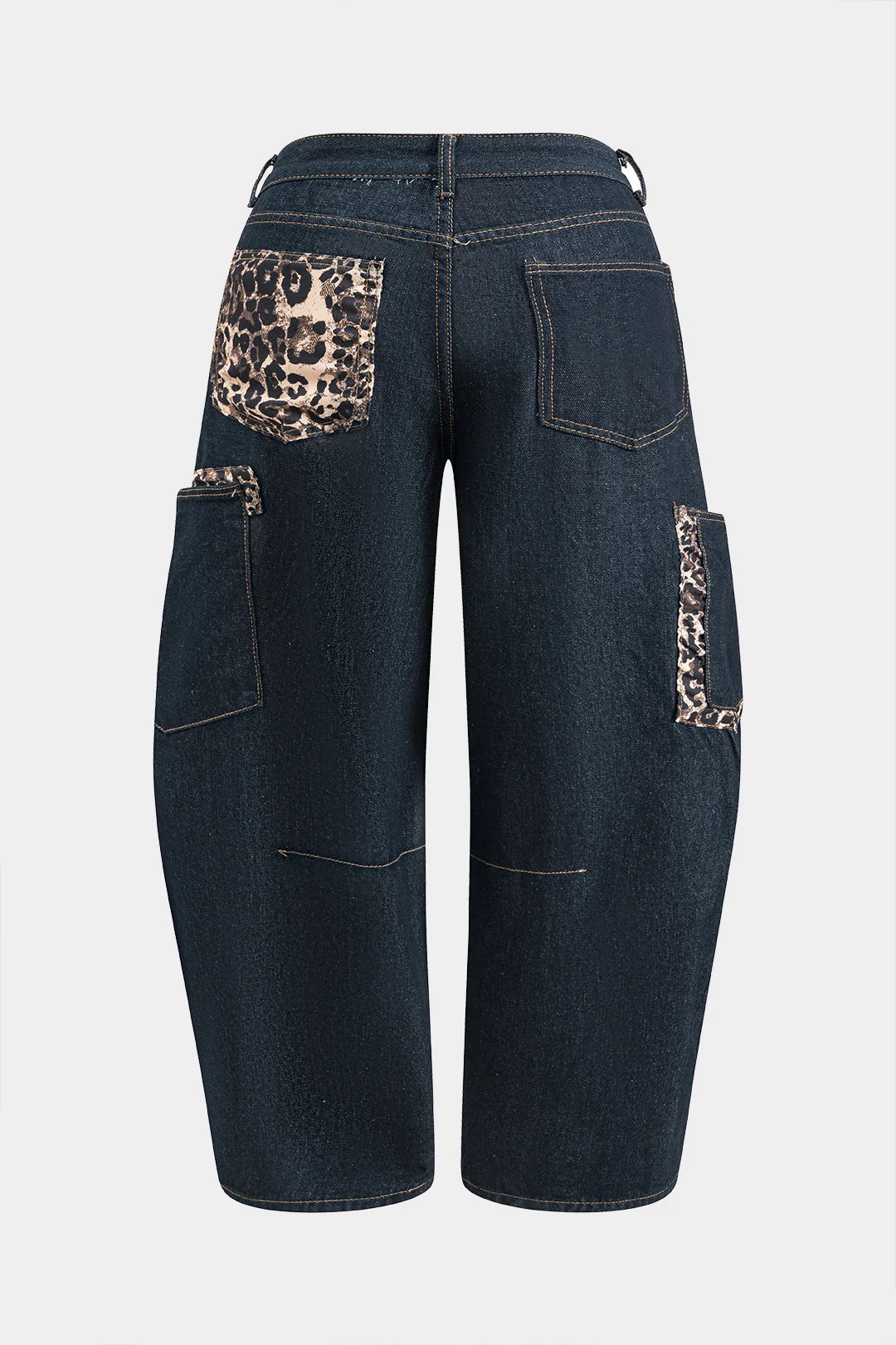 Plus Size Leopard Print Denim Patchwork Button Pocket Wide Leg Barrel Jeans - Flockneti