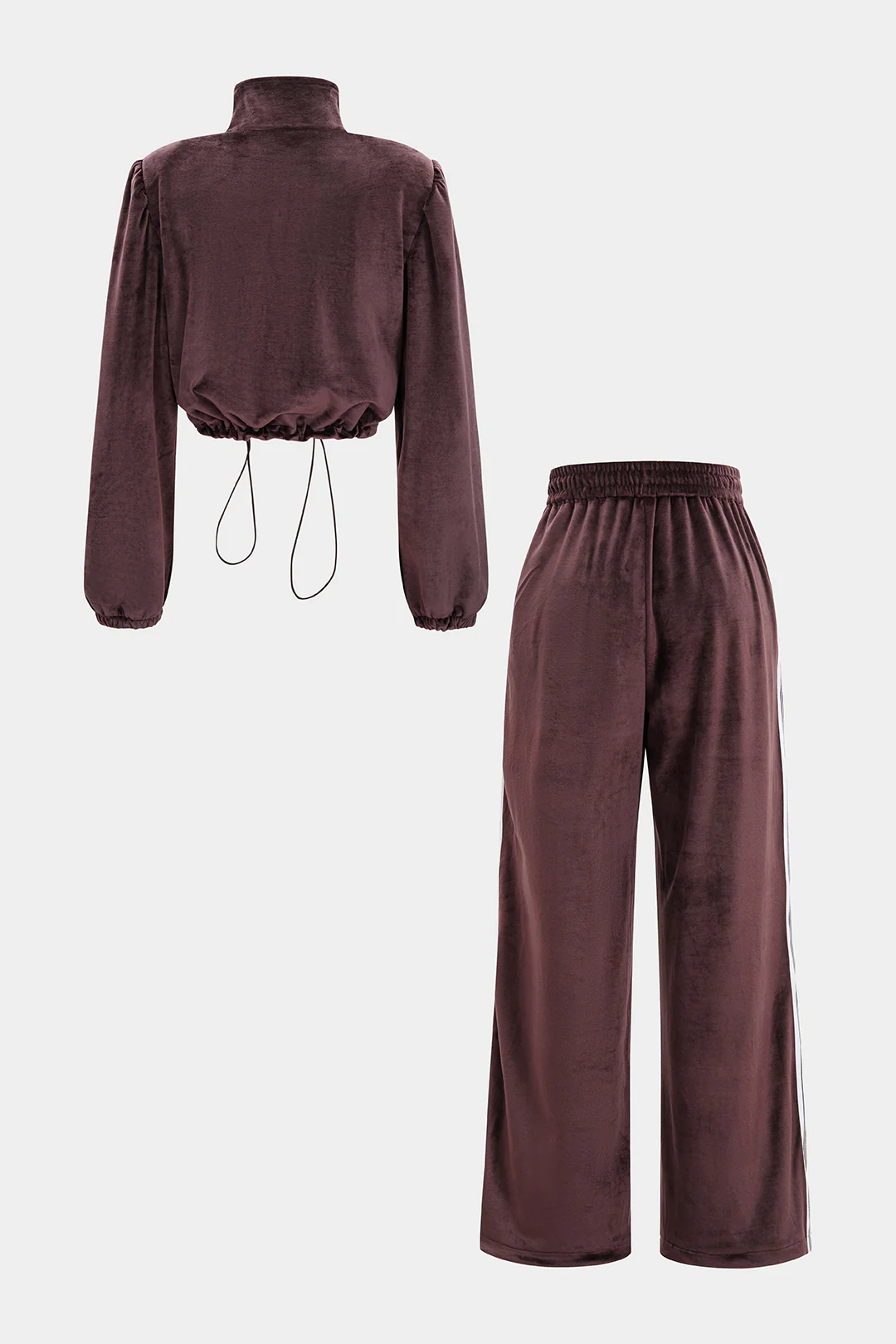 Velvet Stand Collar Zipper Long-Sleeve Top And Drawstring Pants Set - Flockneti