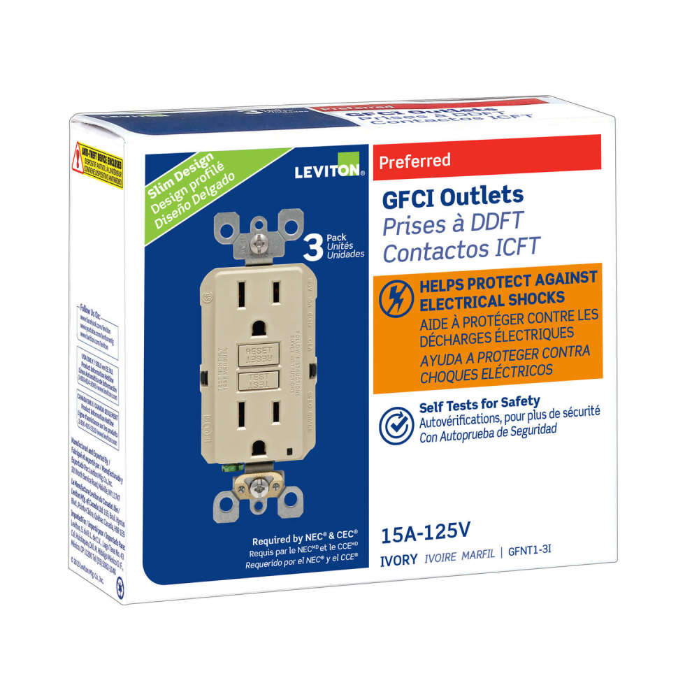 Leviton SmartlockPro GFCI Outlet 15A 125V Duplex Ivory NEMA 5-15R 3pk - Flockneti