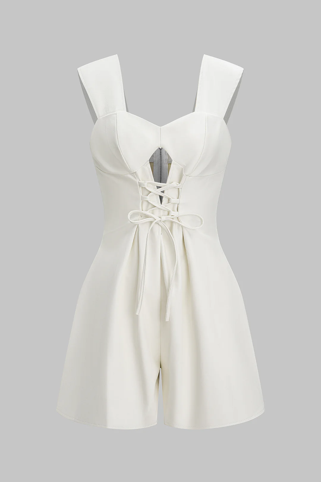 Faux Leather Bustier Tie-Up Zipper Sleeveless Romper - Flockneti