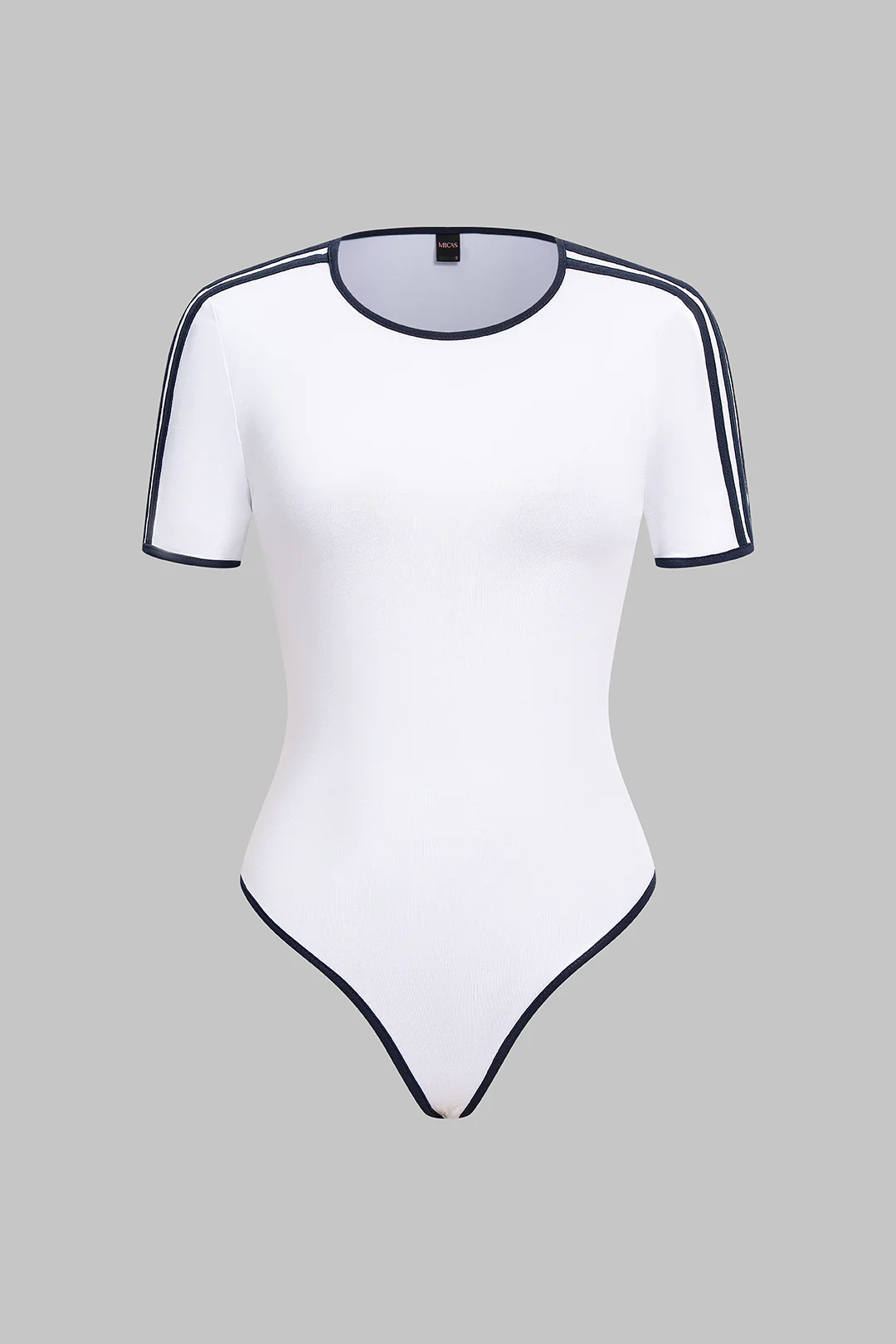 Contrast Striped Round Neck Short Sleeve Bodysuit - Flockneti