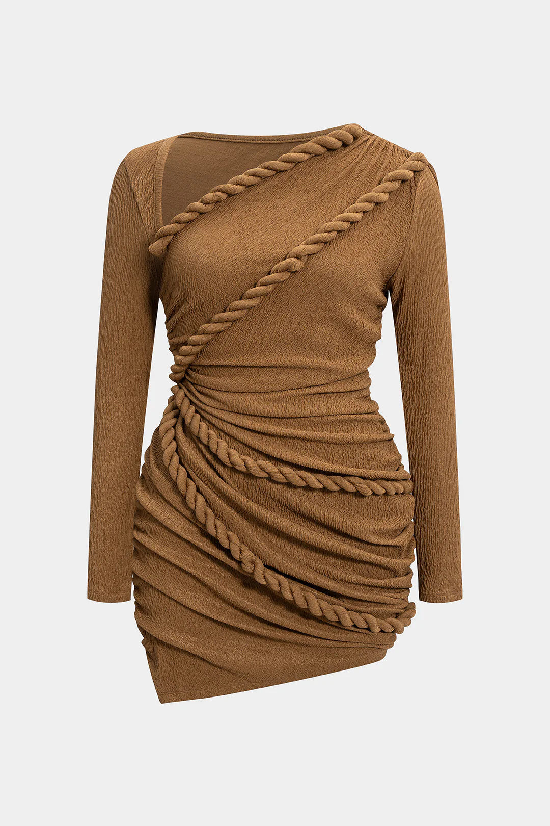 Plus Size Twist Knot Ruched Asymmetrical Long Sleeve Mini Dress - Flockneti