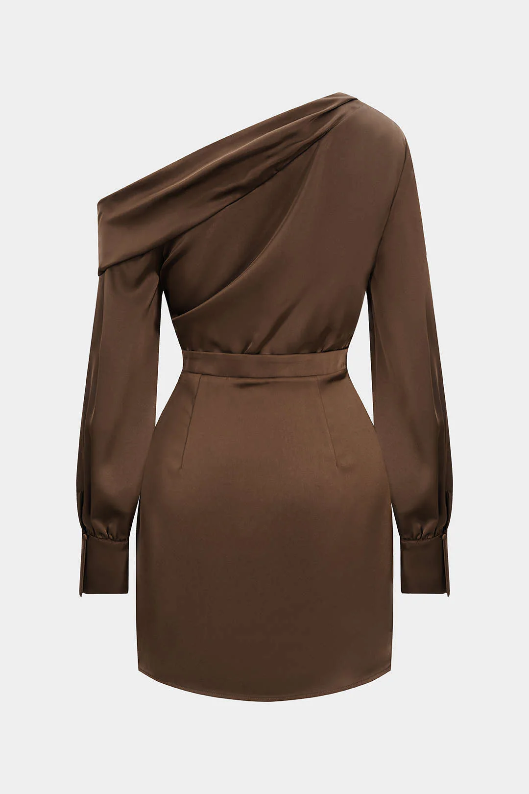 Satin Asymmetrical Neck Long Sleeve Mini Dress - Flockneti