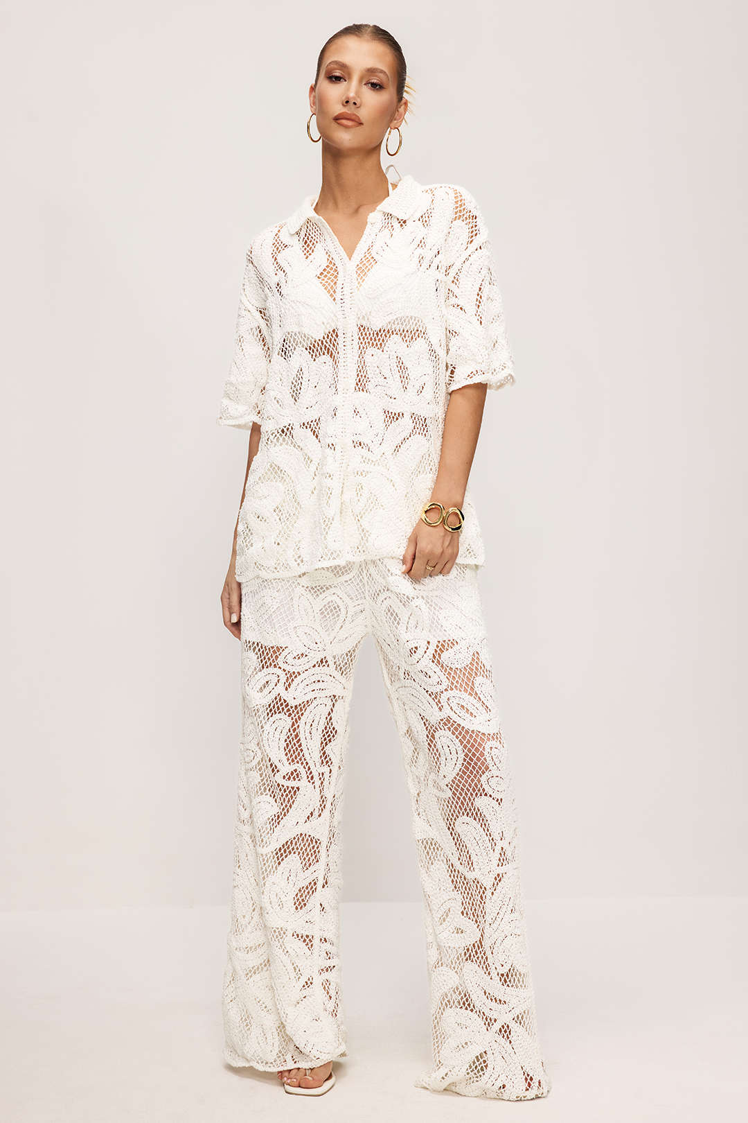 Knit Hollw Out V-Neck Short Sleeve Top And Wide Leg Pants Set - Flockneti