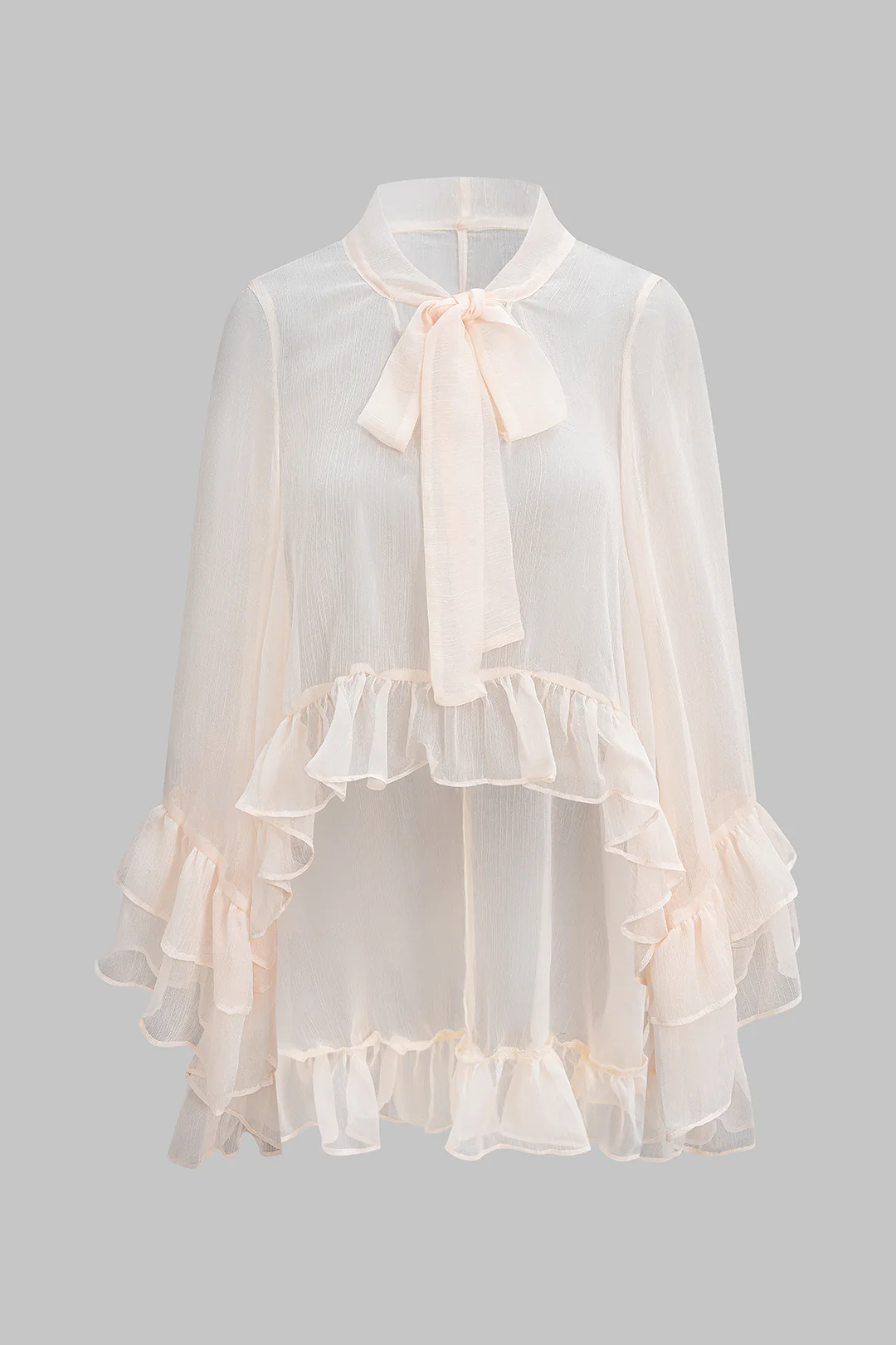 Sheer Ruffle Hem Strappy Long-Sleeve Shirt - Flockneti