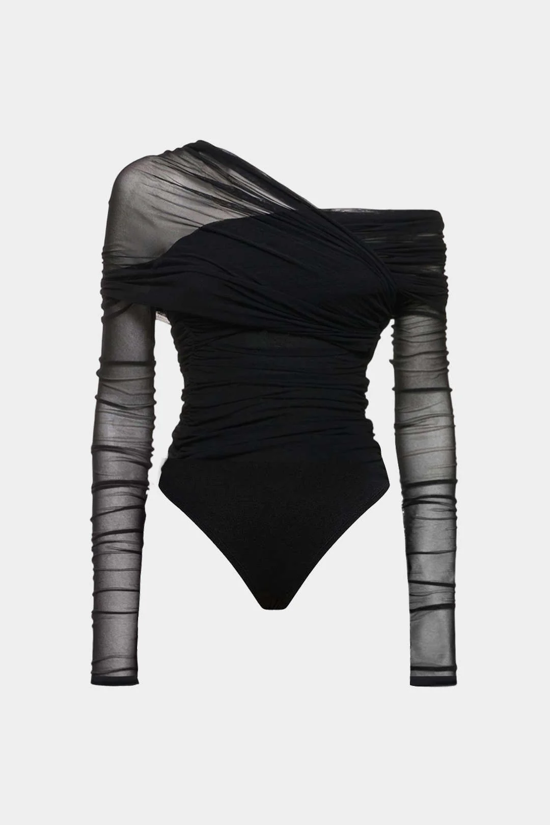 Mesh Ruched One Shoulder Asymmetrical Corssed Ruched Bodysuit - Flockneti