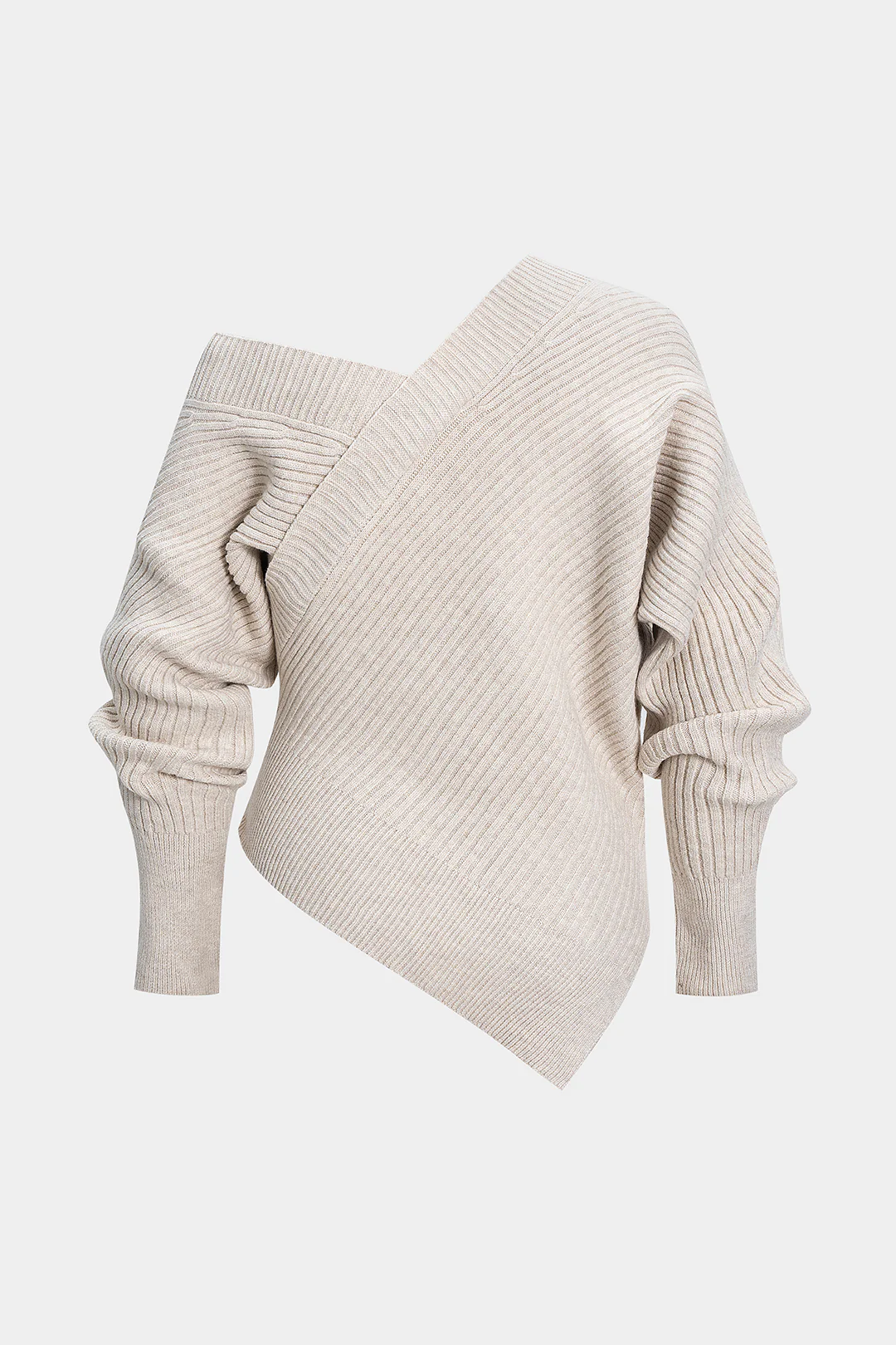 Plus Size Knit V-Neck Asymmetrical Long-Sleeve Top - Flockneti