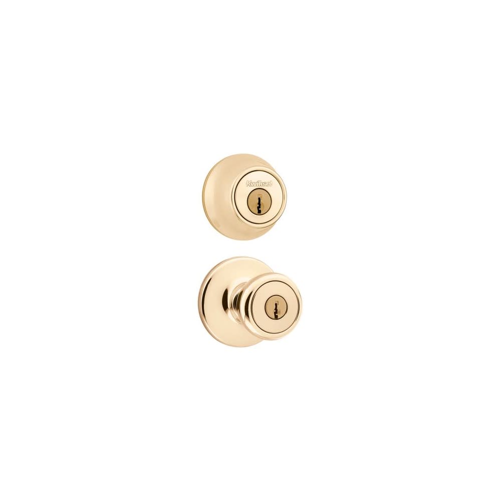 Kwikset Polished Brass Tylo Door Knob & Single Cylinder Deadbolt Set - Flockneti