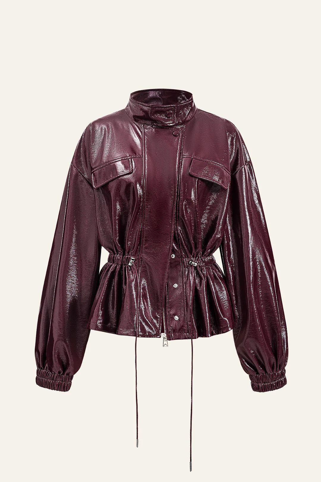 Faux Leather Drawstring Pocket Jacket - Flockneti