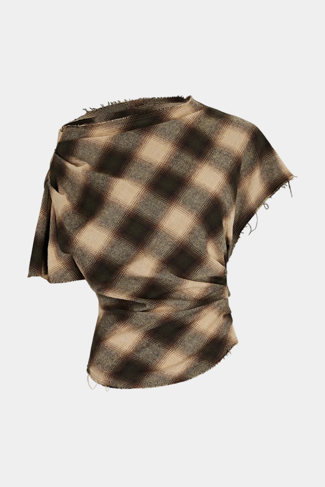 Plaid Print Frayed Edges Asymmetrical T-Shirt - Flockneti