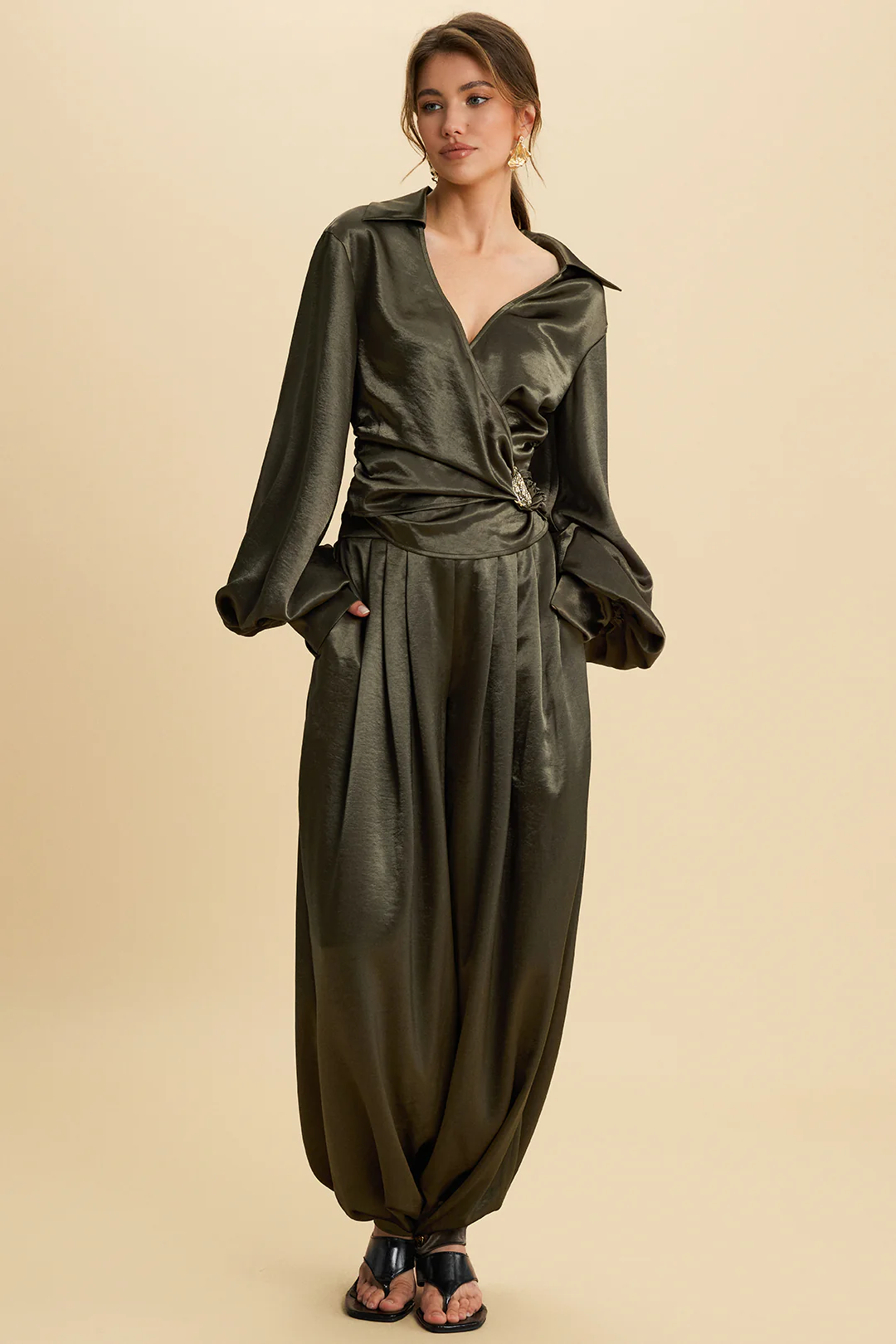 Satin Metallic Decor Ruched V-Neck Long-Sleeve Shirt - Flockneti