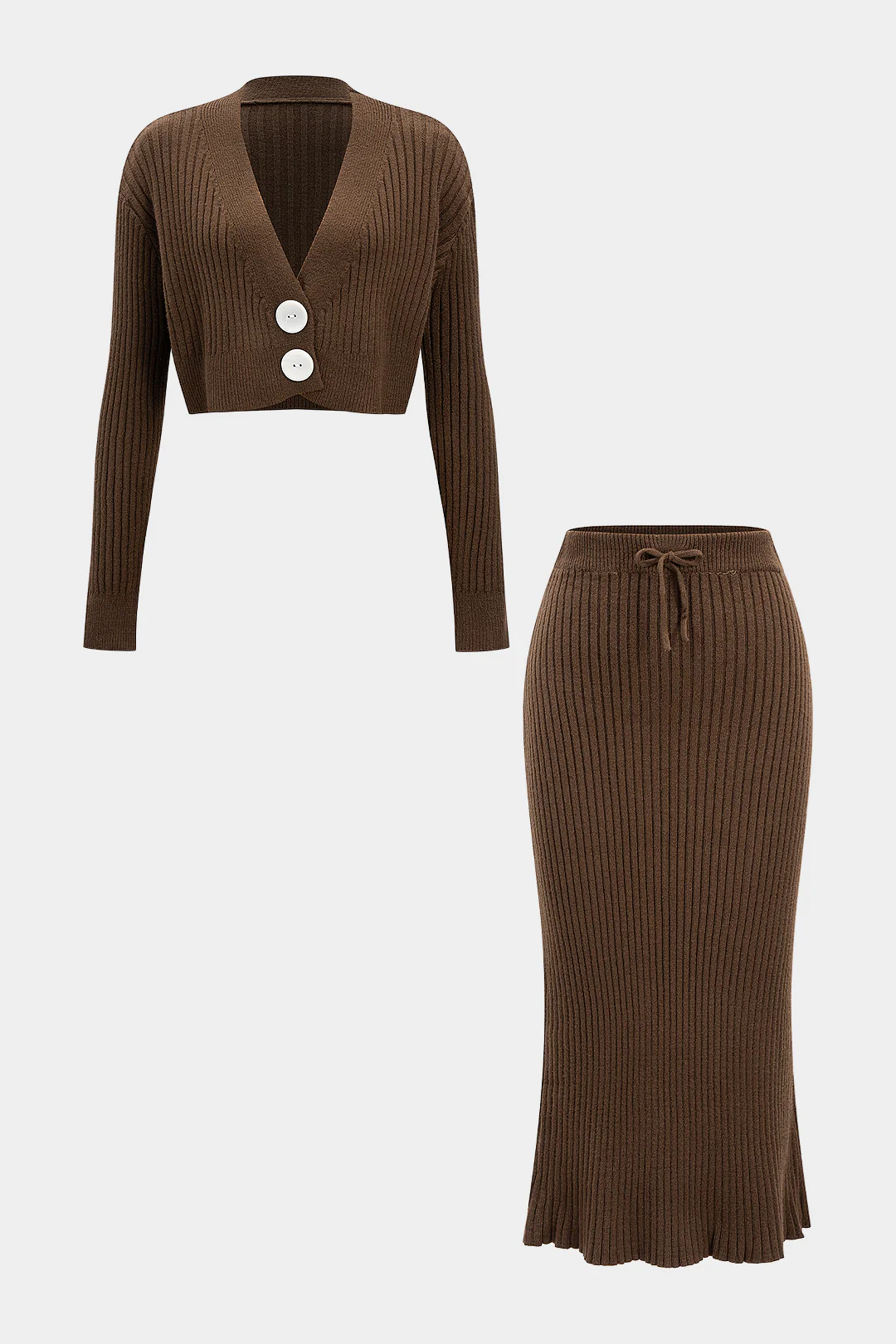 Knit V-Neck Long-Sleeve Top And Bow Skirt Set - Flockneti