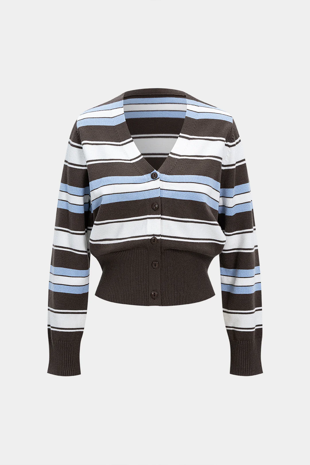 Knit Contrast Stripes Print V-Neck Button Long-Sleeve Top - Flockneti
