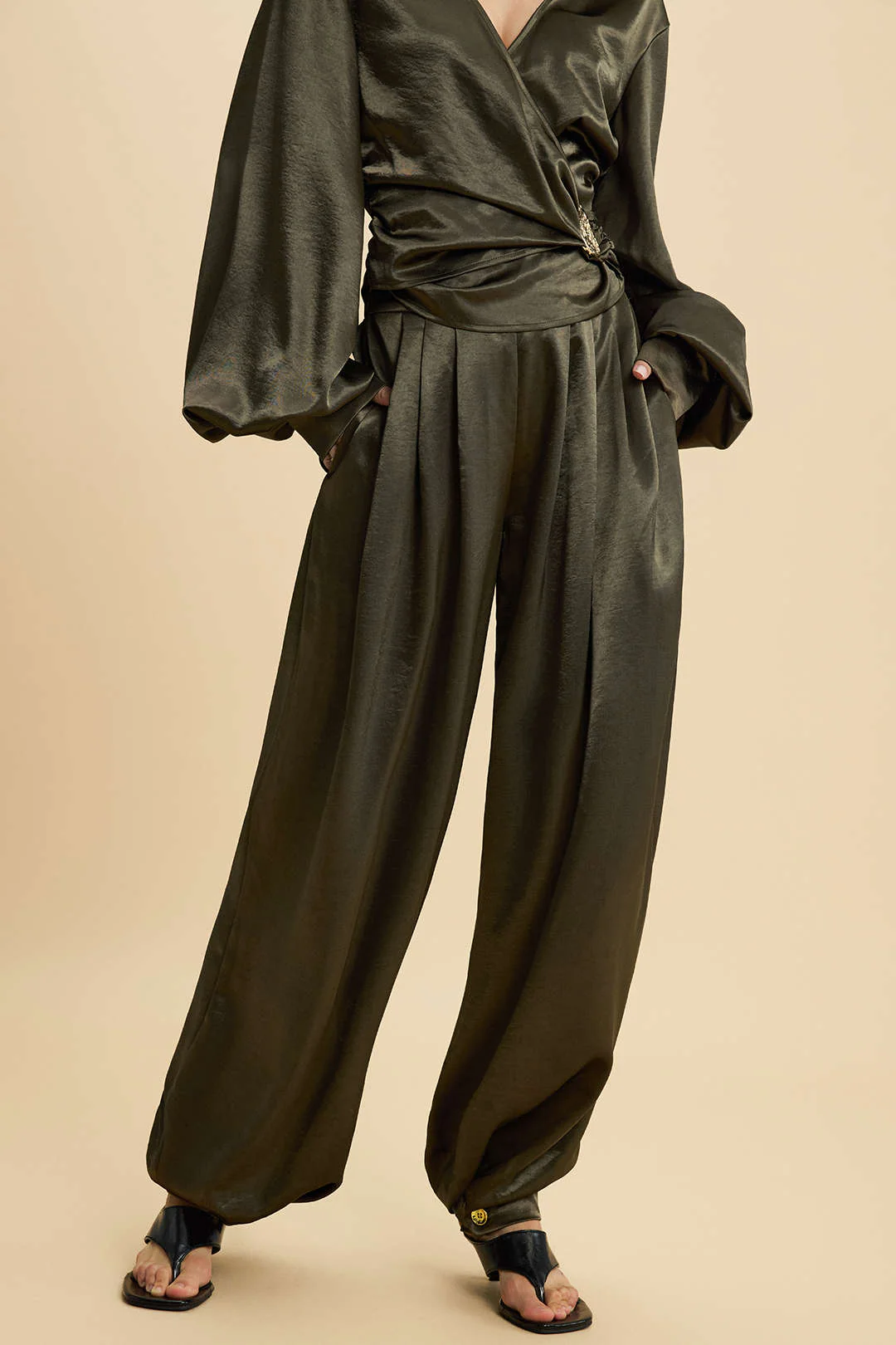 Satin High Waist Pleated Pants - Flockneti