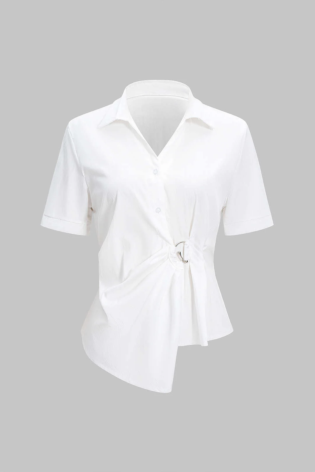 Metallic Asymmetrical Waist-Cinching Short Sleeve Shirt - Flockneti