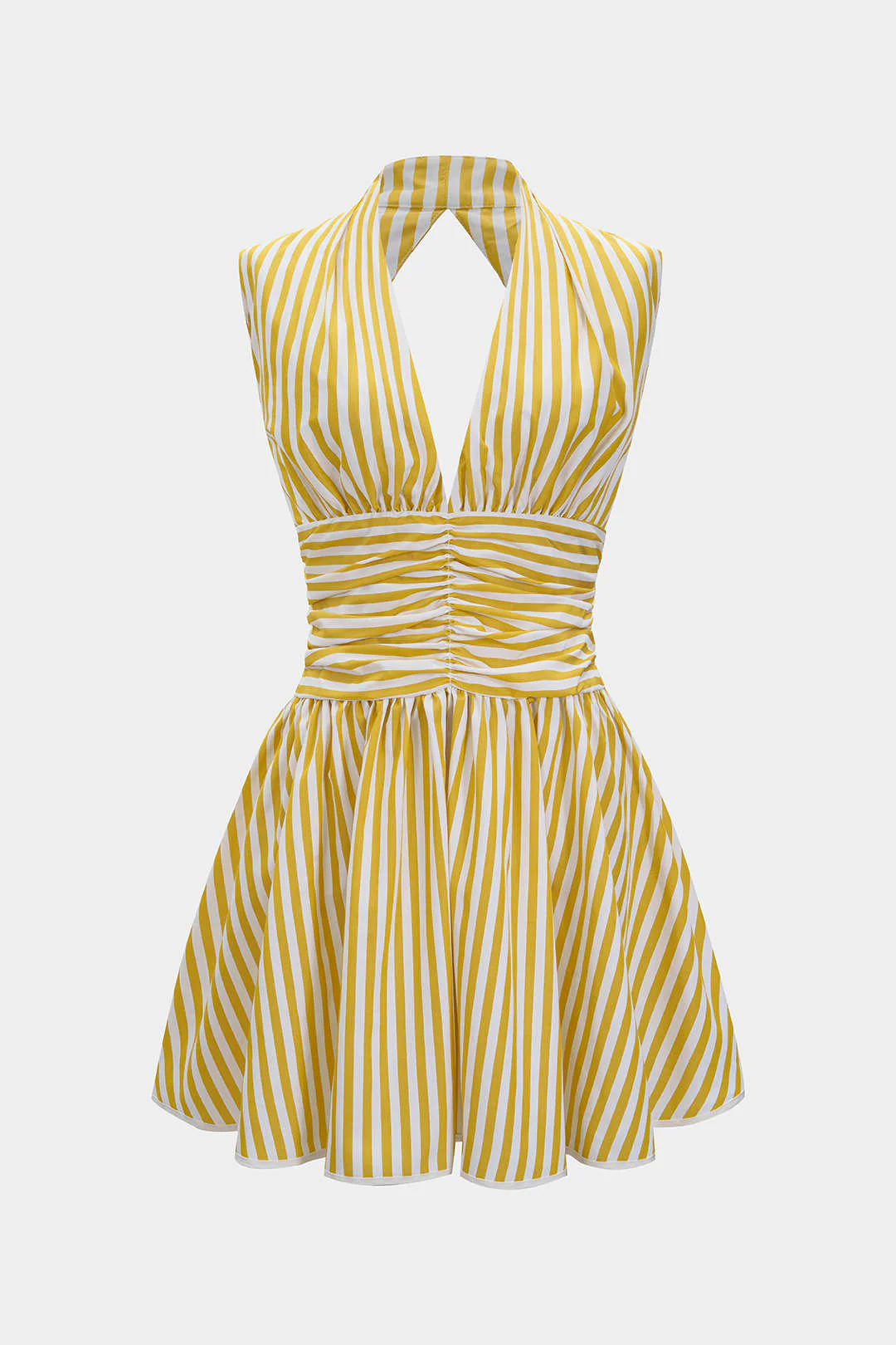Stripes Print Halter Neck Shirred Backless Sleeveless Mini Dress - Flockneti