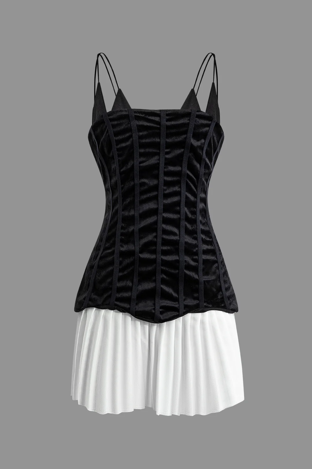 Velvet Patchwork Pleated Sleeveless Mini Dress - Flockneti