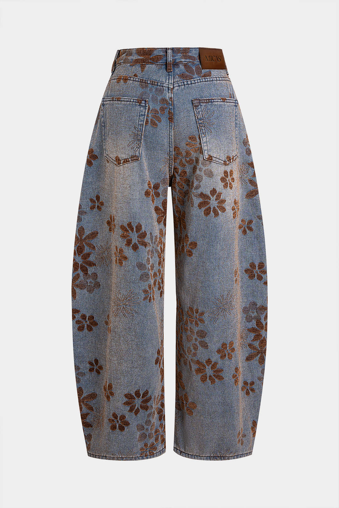 Denim Floral Print High-Waist Pocket Jeans - Flockneti