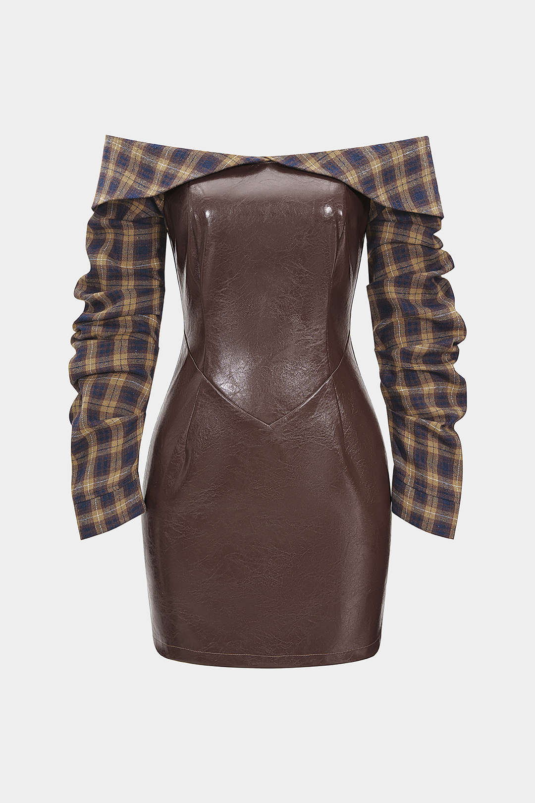 Faux Leather Patchwork Plaid Print Off Shoulder Zipper Long Sleeve Mini Dress - Flockneti