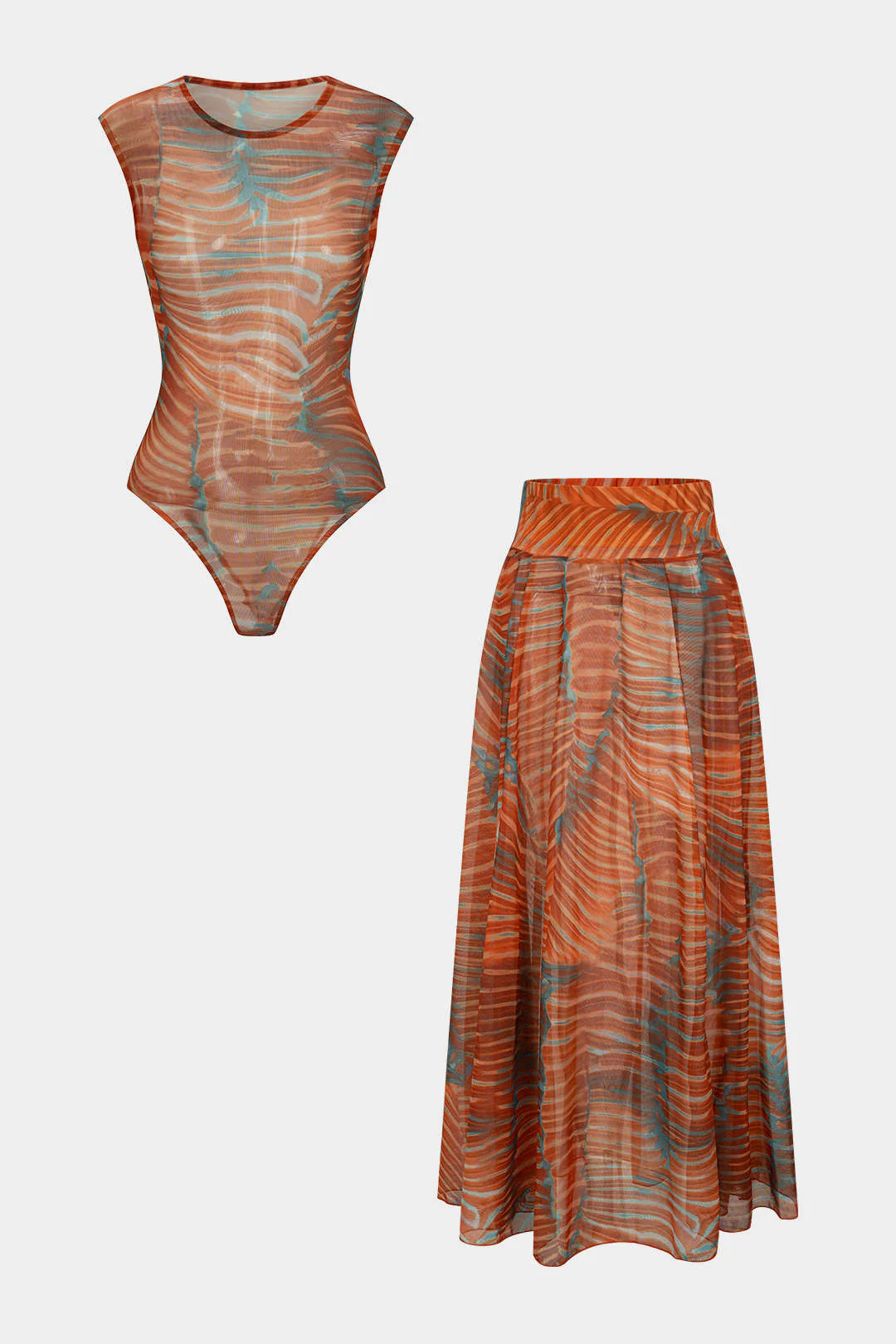 Abstract Print Mesh Sleeveless Bodysuit And Ruched Skirt Set - Flockneti