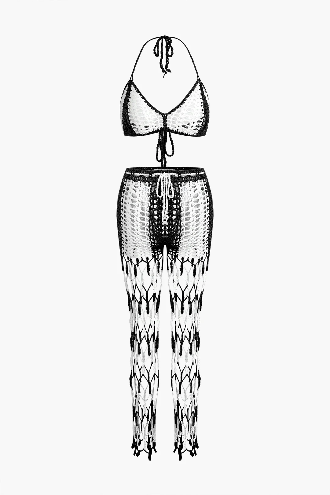 Knit Fringe Halter Neck Tie Up Cut Out Backless Cami Top And Drawstring Pants Set - Flockneti