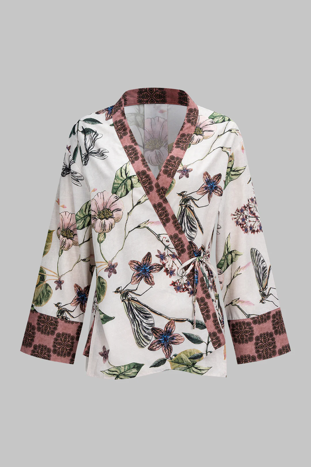 Floral Print V-Neck Tie-Up Long Sleeve Top - Flockneti