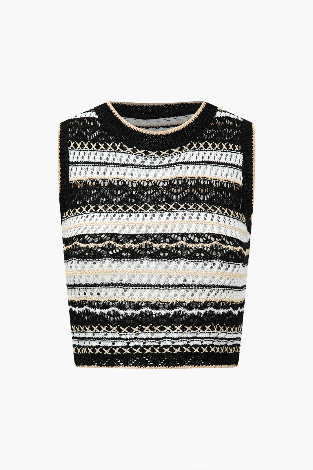 Knit Contrast Stripes Hollow Out Tank Top And Shorts Set - Flockneti