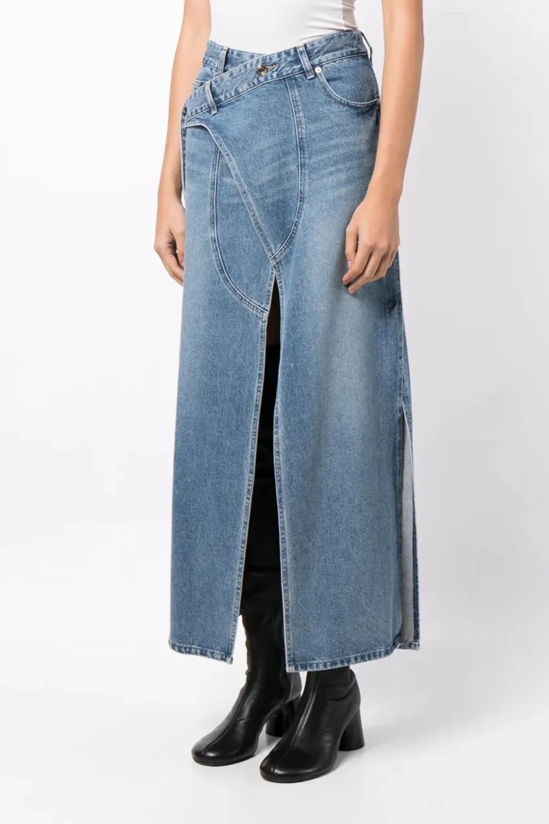 Denim High Waist Washed Asymmetrical Side Slit Skirt - Flockneti