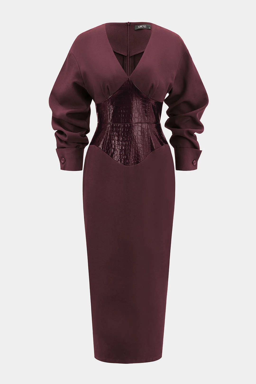 Crocodile Print Faux Leather Patchwork Long Sleeve Maxi Dress - Flockneti