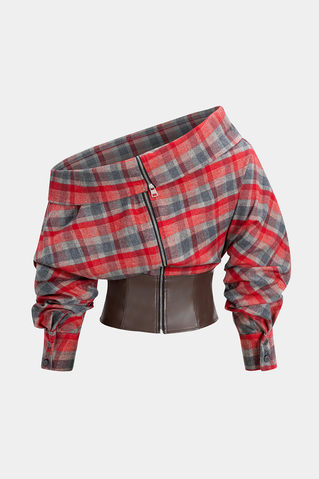 Plaid Print Faux Leather Asymmetrical Neck Long-Sleeve Shirt - Flockneti