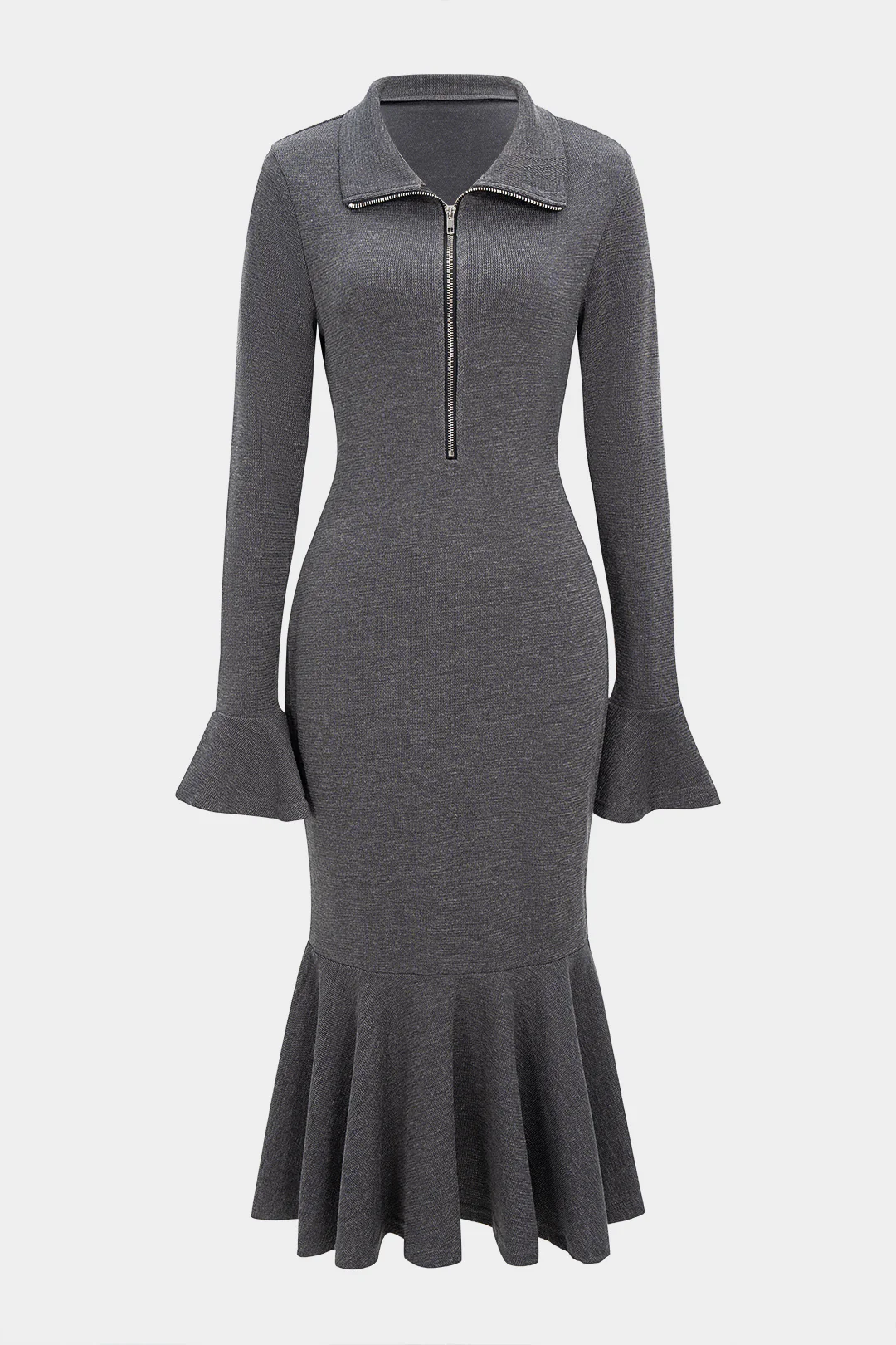 Lapel Ruffle Hem Zipper Bell Sleeve Midi Dress - Flockneti