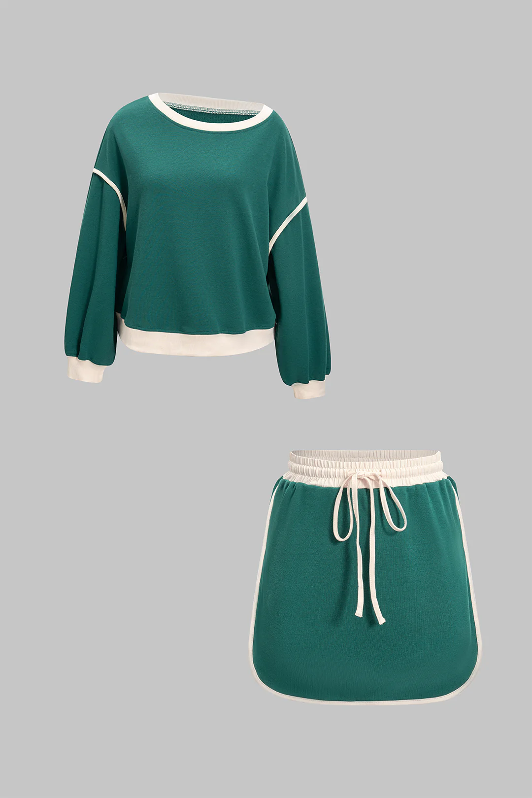 Contrast Binding Long-Sleeve Top And Drawstring Skirt Set - Flockneti