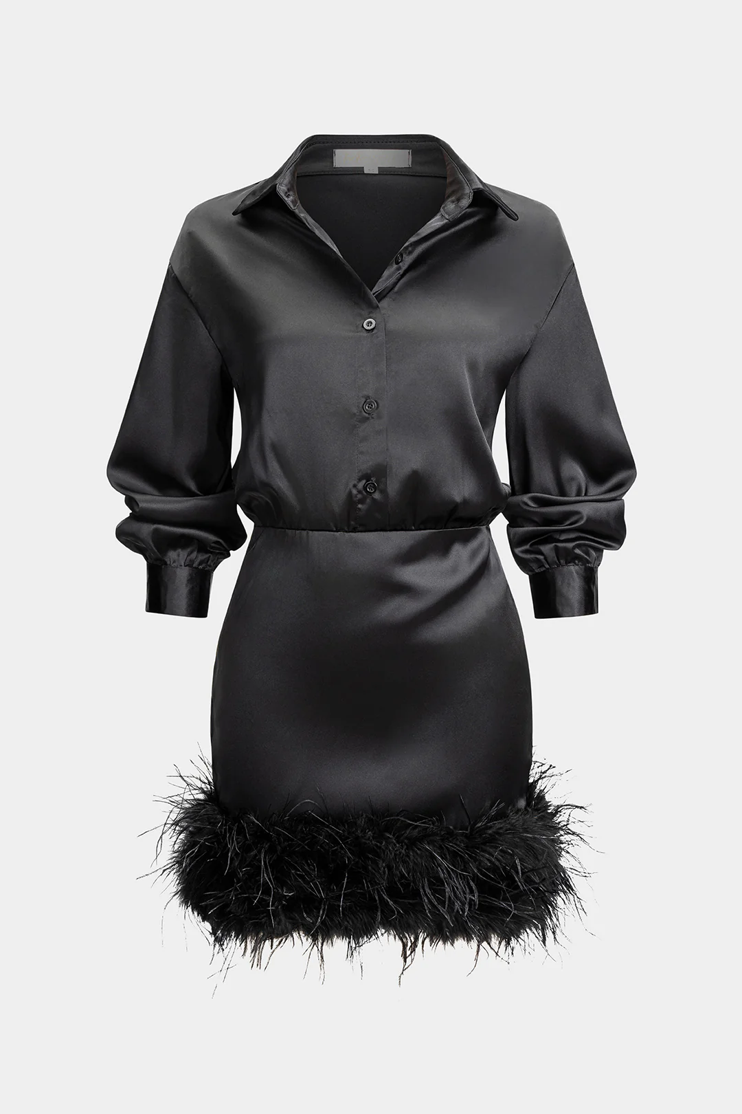 Satin Patchwork Feather Trim Long Sleeve Midi Dress - Flockneti