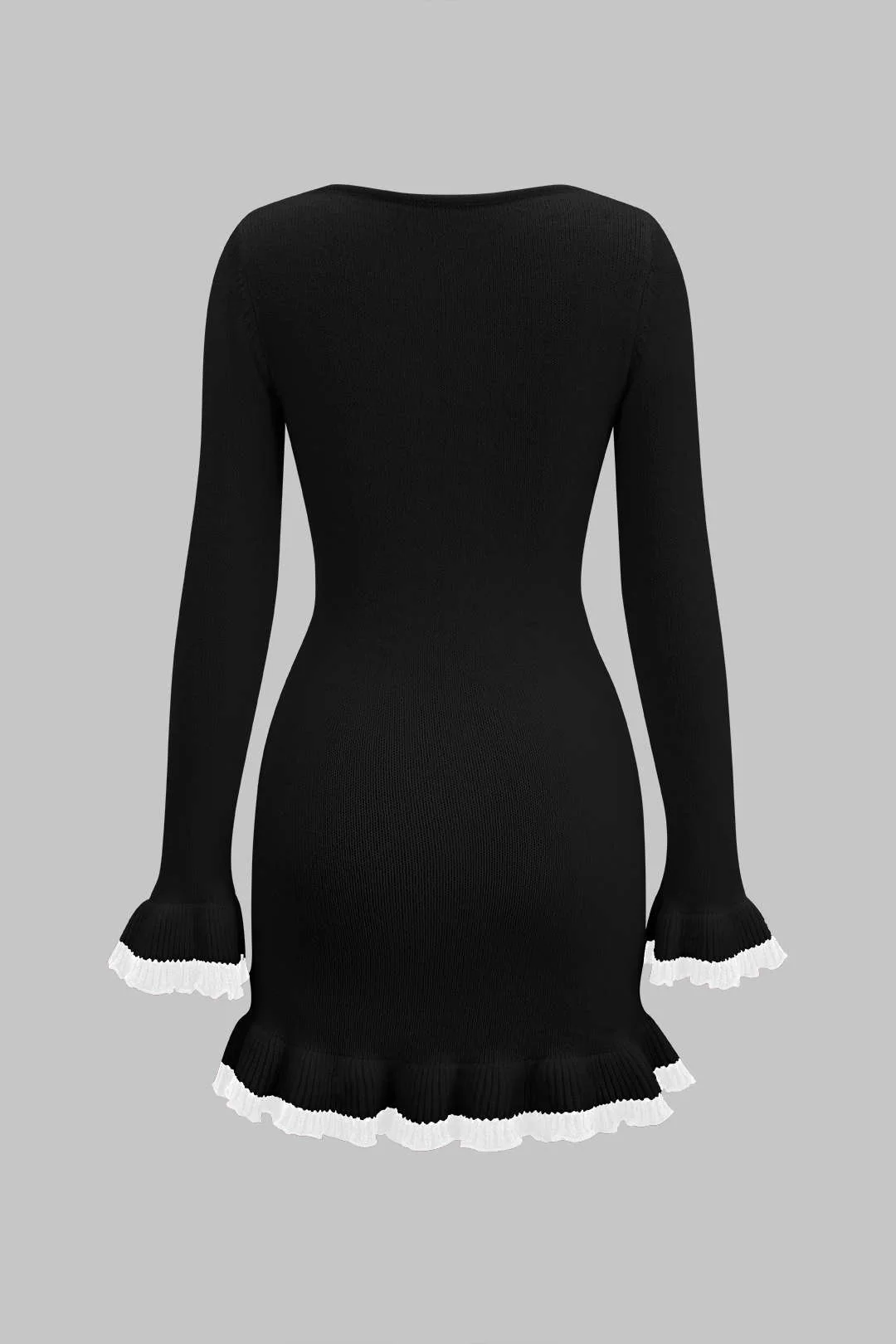 Knit Contrast Ruffle Binding Long Sleeve Dress - Flockneti