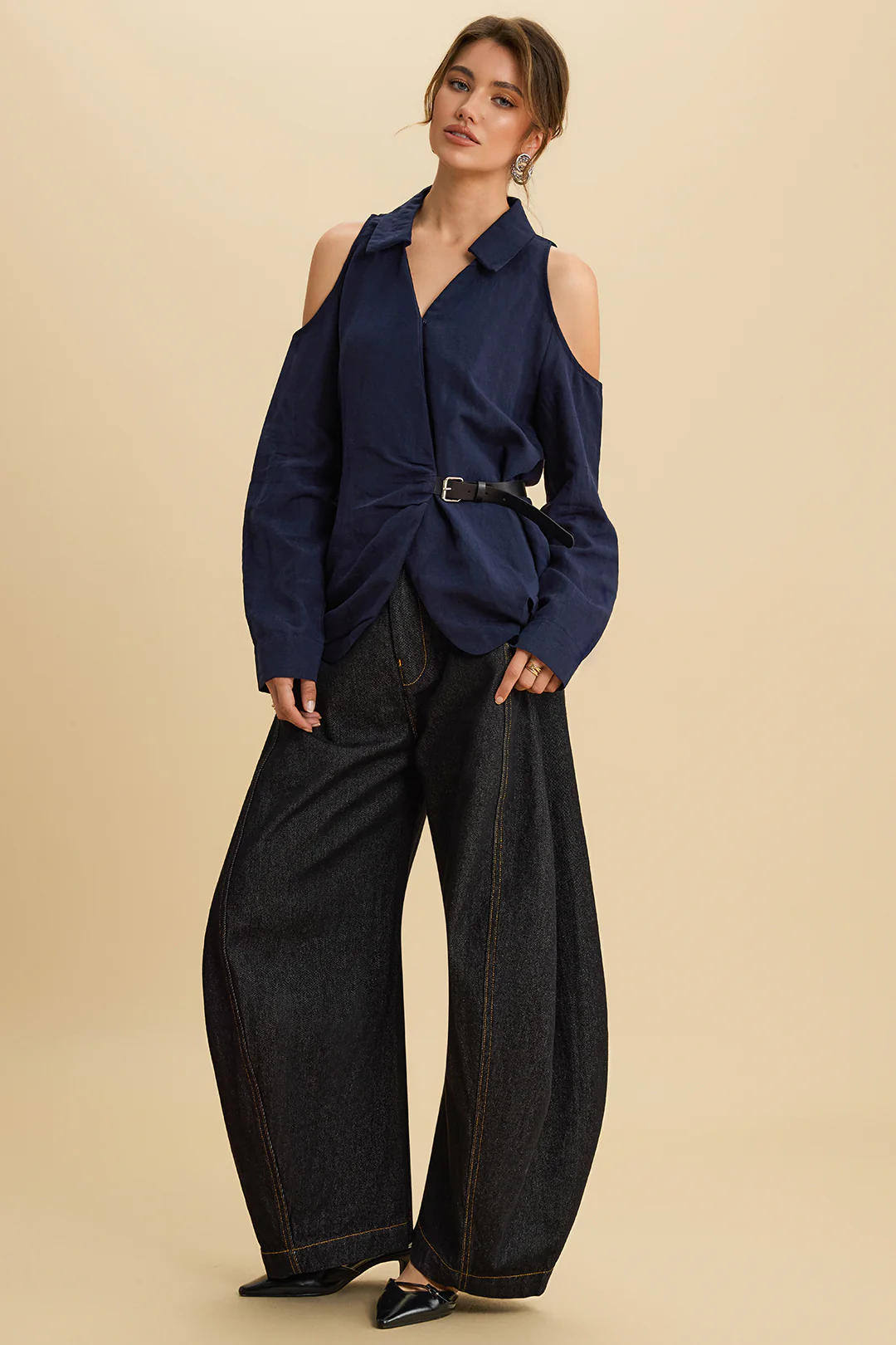 Linen Asymmetrical Belted Cut Out Long-Sleeve Shirt - Flockneti