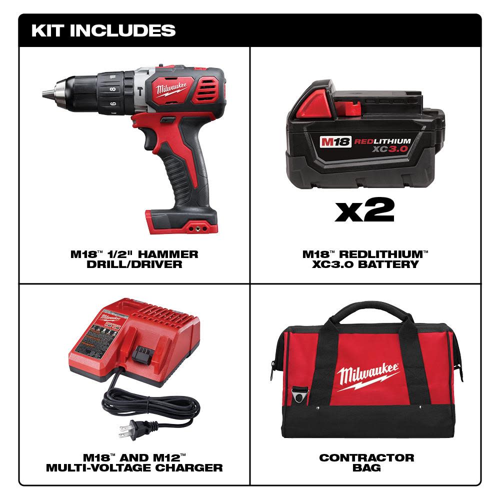 Milwaukee M18 Compact 1/2 in. Hammer Drill/Driver Kit with XC Batteries - Flockneti