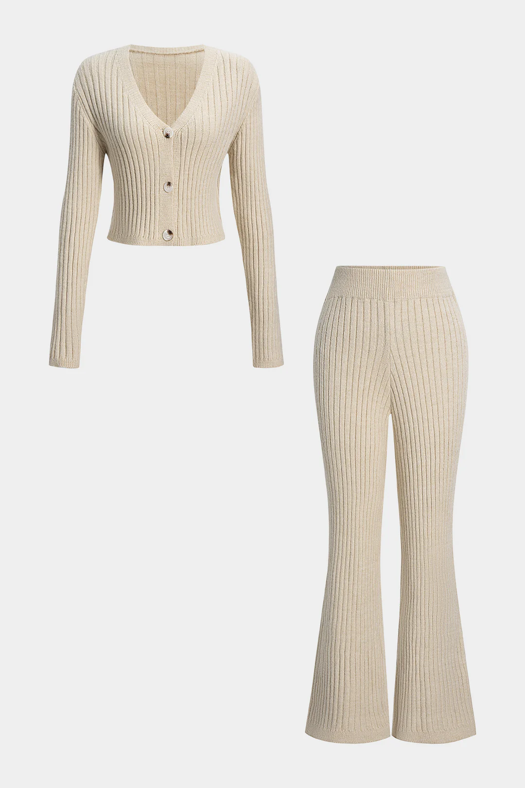 Knit Ribbed Button Long-Sleeve Top And Bell Leg Trousers Set - Flockneti