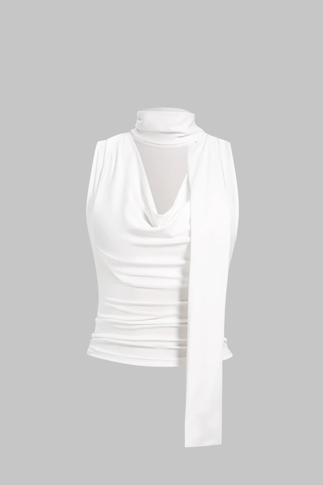 Solid Draped Cowl Neck Tank Top With Scarf - Flockneti
