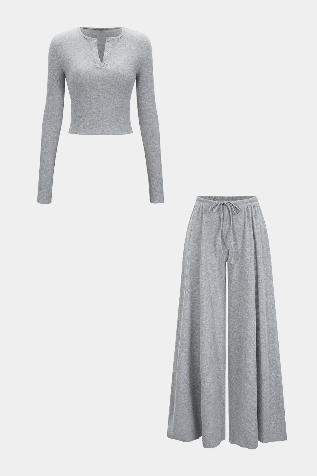 Solid Button Long-Sleeve Top And Drawstring Wide-Leg Pants Set - Flockneti