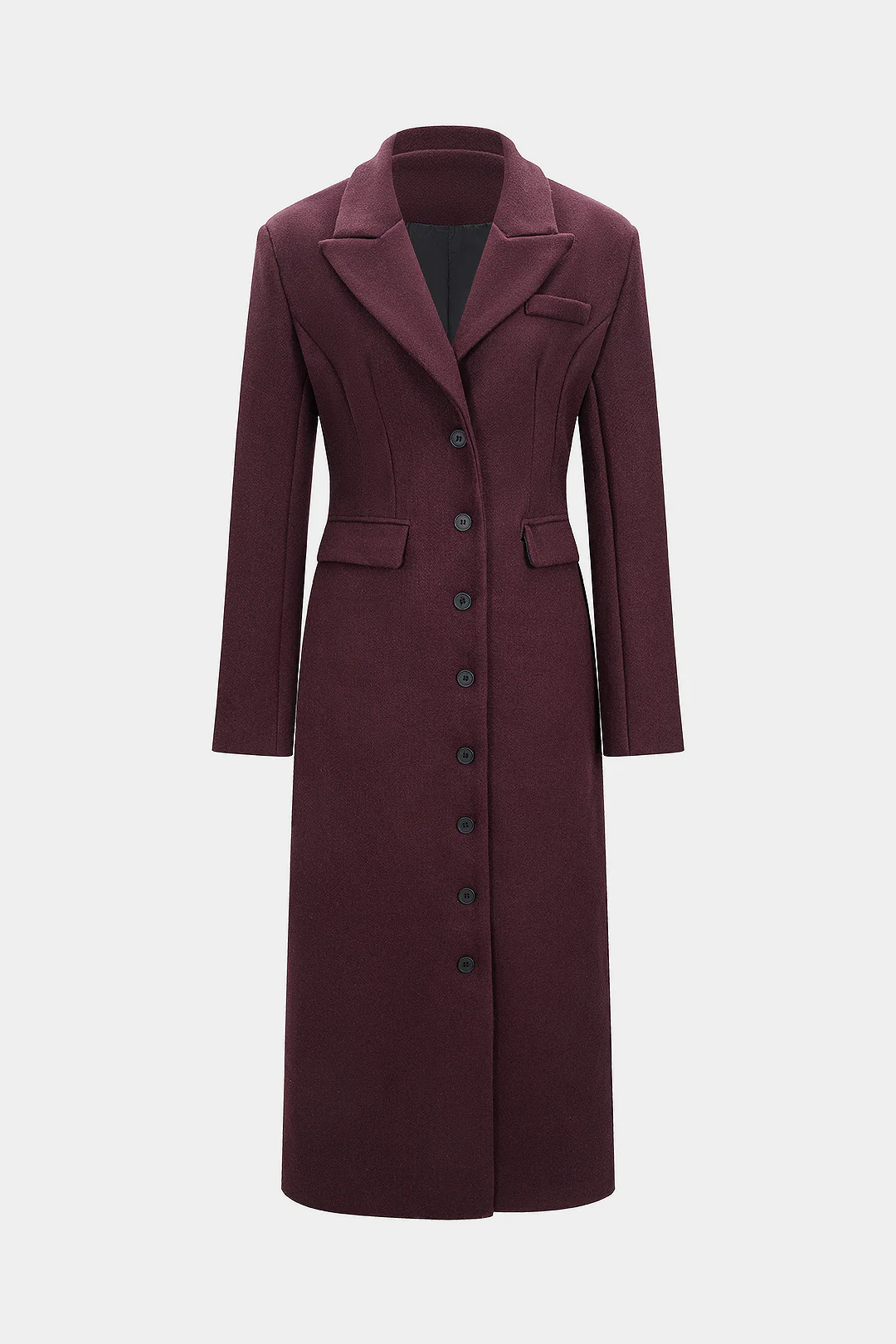 Notched Lapel Woolen Long Coat - Flockneti