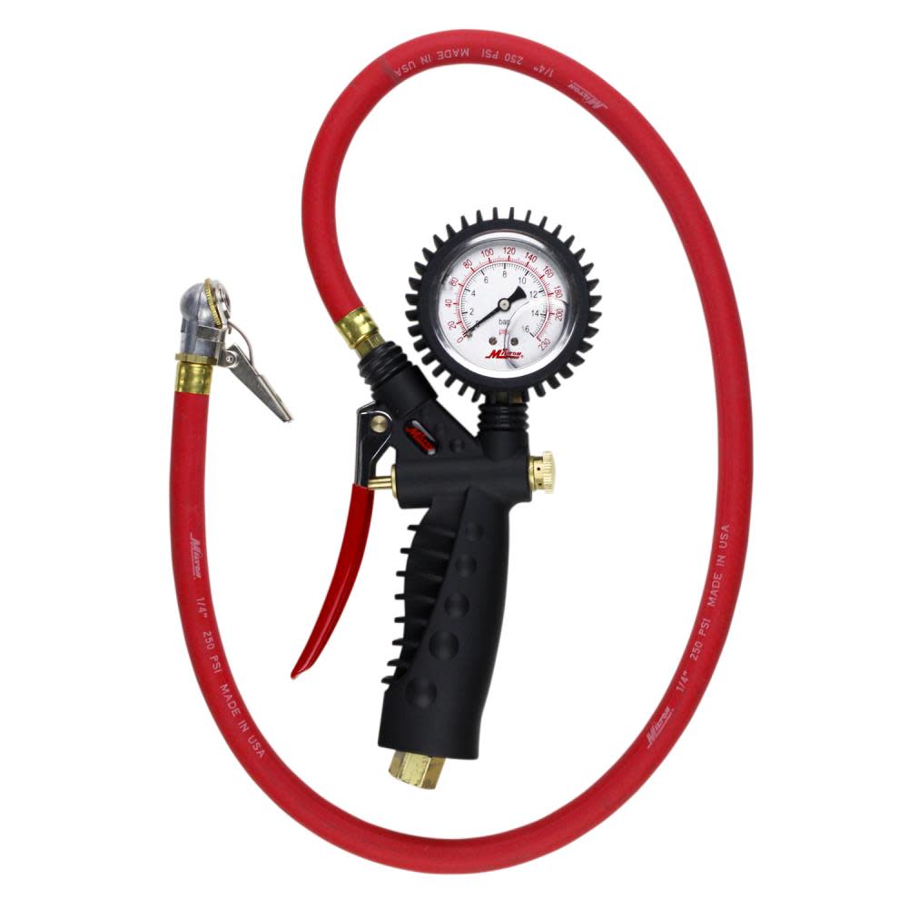 Milton 573A Pro Analog Pistol Grip Inflator Gauge – 36″ Hose and Ball Chuck with Clip – 230 PSI - Flockneti