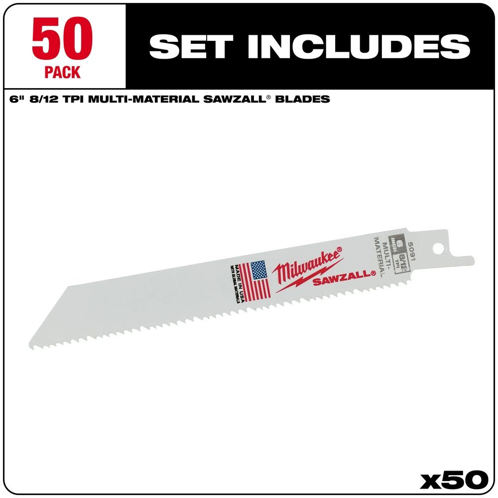 Milwaukee 6 in. 8/12 TPI SAWZALL Blades (50 Pack) - Flockneti