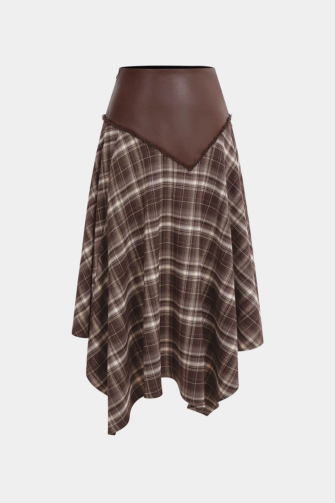 Plaid Print Faux Leather Patchwork Ruched Skirt - Flockneti