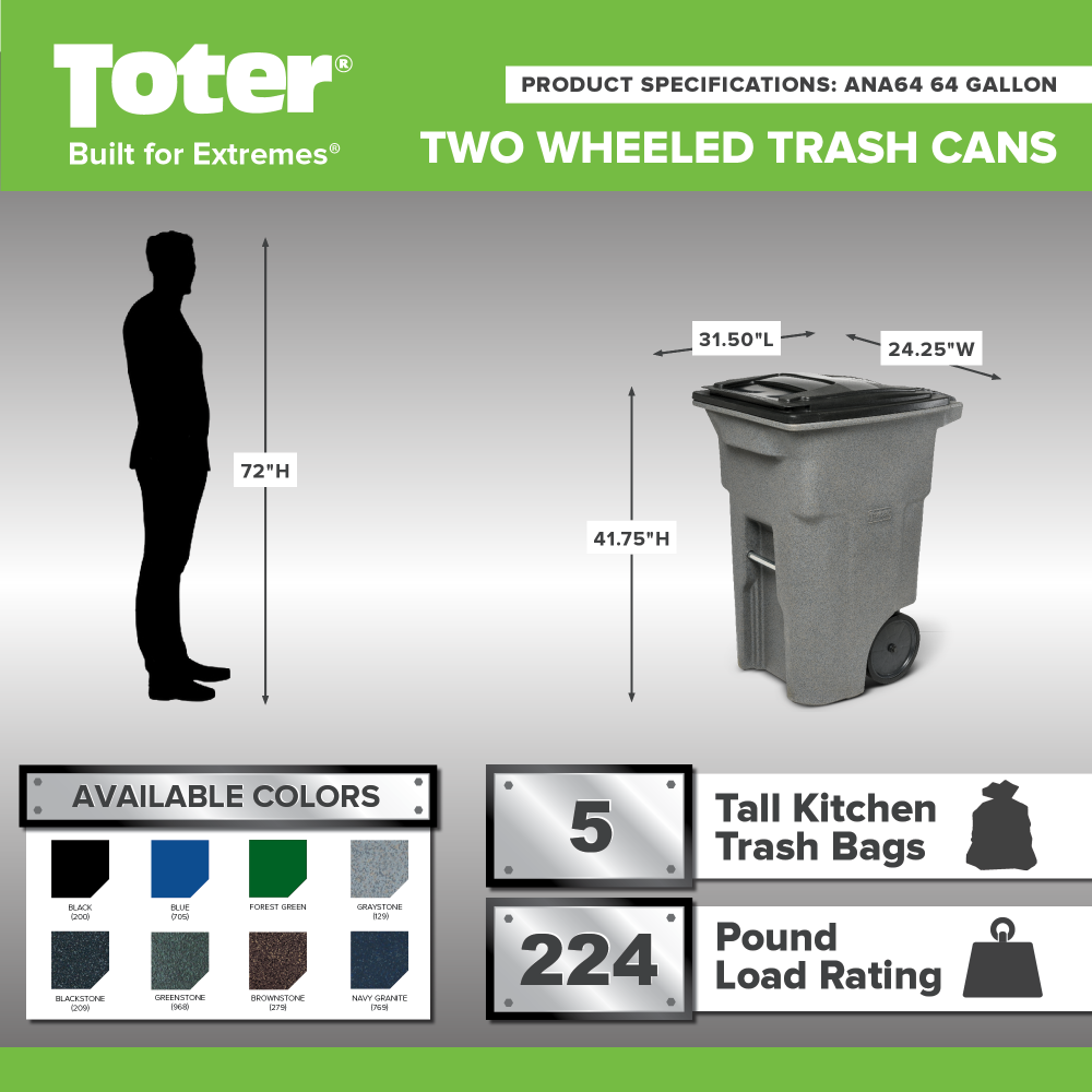 Toter 64 Gallon Trash Can with Smooth Wheels and Lid - Flockneti