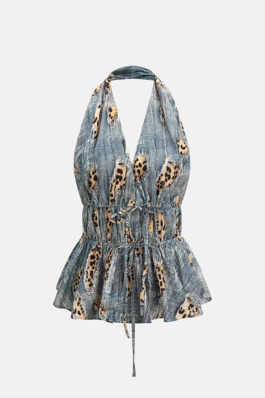 Retro Leopard Print Backless Tie-Up Ruched Drawstring Cami Top - Flockneti
